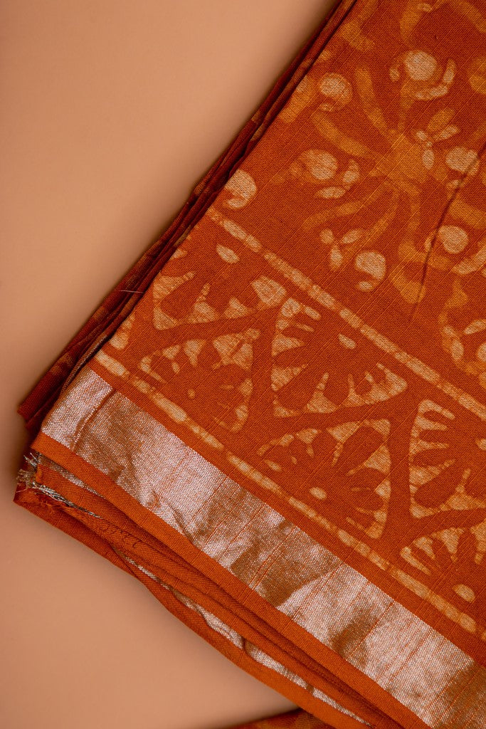 Cider Orange Handblock Dabu Printed Linen Unstitched Suit Set (124NV3LNLN)