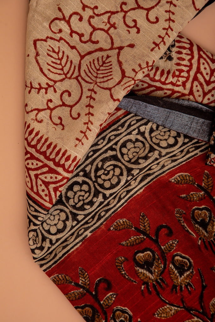 Coal Black and Sand Beige- Red Handblock Bagru Printed Linen Unstitched Suit Set (128NV3LNLN)