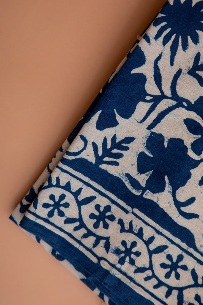 Indigo Blue Handblock Printed Unstitched Cotton Suit Set With Kota Doriya Dupatta (131NV3CTKT)