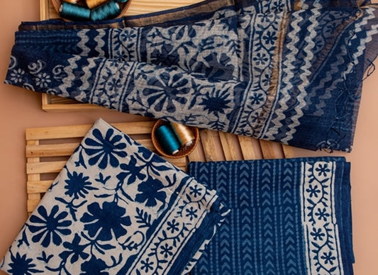 Indigo Blue Handblock Printed Unstitched Cotton Suit Set With Kota Doriya Dupatta (131NV3CTKT)