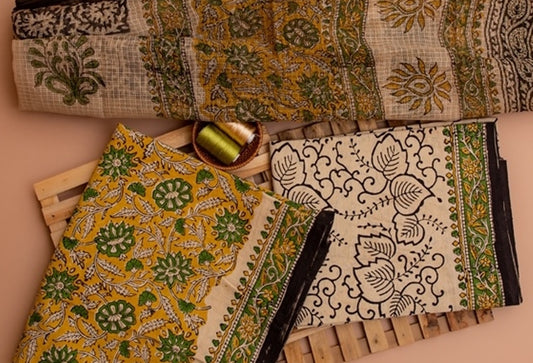 Chrome Yellow and Beige Handblock Printed Unstitched Cotton Suit Set With Kota Doriya Dupatta (132NV3CTKT)