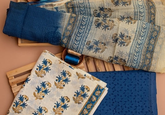 Ivory Cream and Yale Blue Handblock Printed Unstitched Cotton Suit Set With Kota Doriya Dupatta (133NV3CTKT)