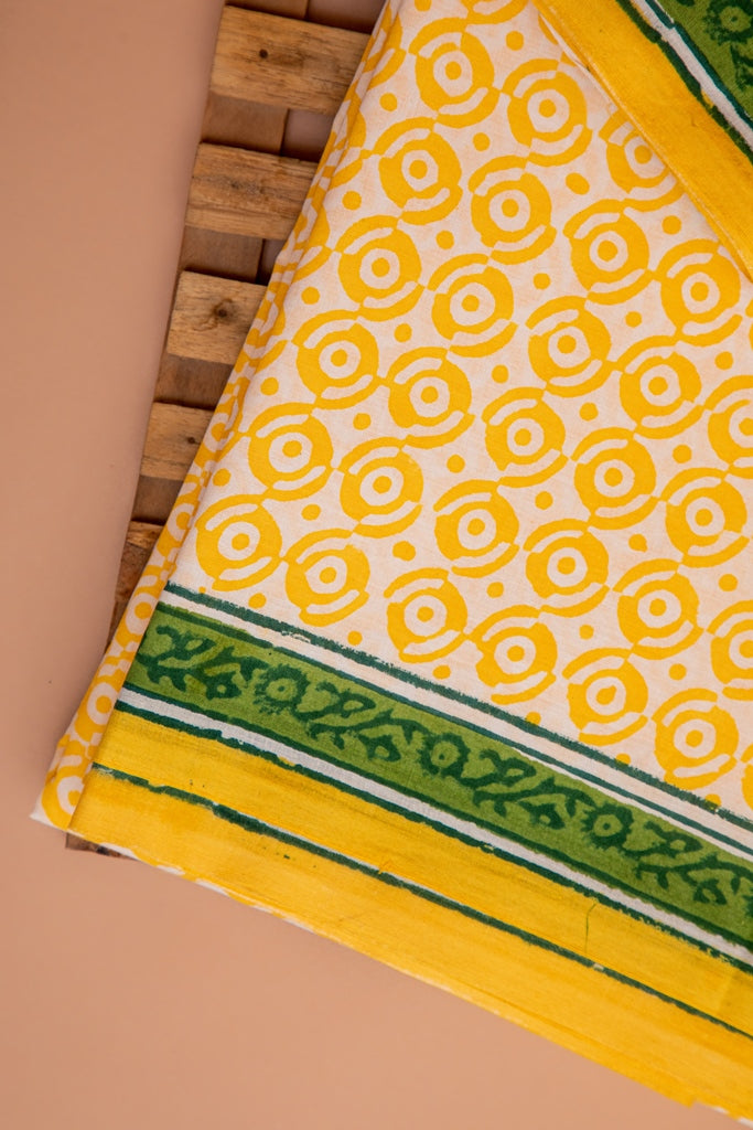 Pearl White and Yellow Handblock Printed Unstitched Cotton Suit Set With Kota Doriya Dupatta (134NV3CTKT)
