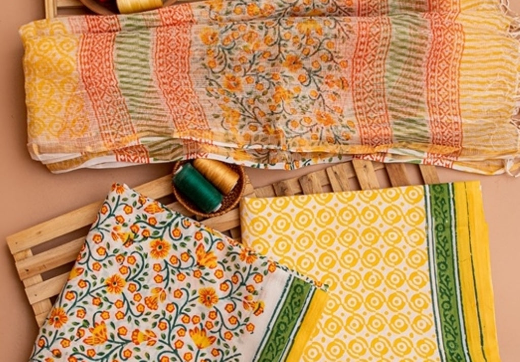 Pearl White and Yellow Handblock Printed Unstitched Cotton Suit Set With Kota Doriya Dupatta (134NV3CTKT)