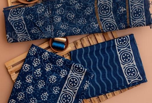Indigo Blue Handblock Printed Unstitched Cotton Suit Set With Kota Doriya Dupatta (137NV3CTKT)