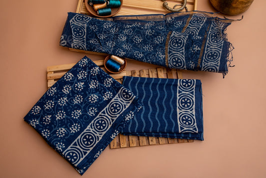 Indigo Blue Handblock Printed Unstitched Cotton Suit Set With Kota Doriya Dupatta (137NV3CTKT)