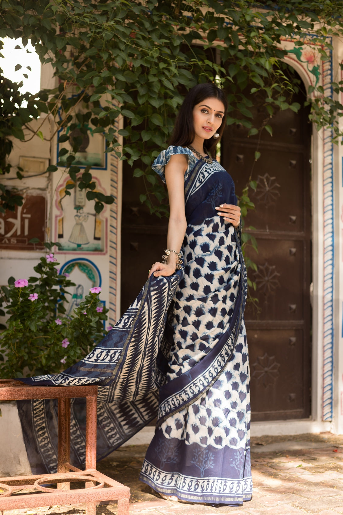 Buy Unnati Silks Indigo Blue Pure Sico Saree with Unstitched Blouse online