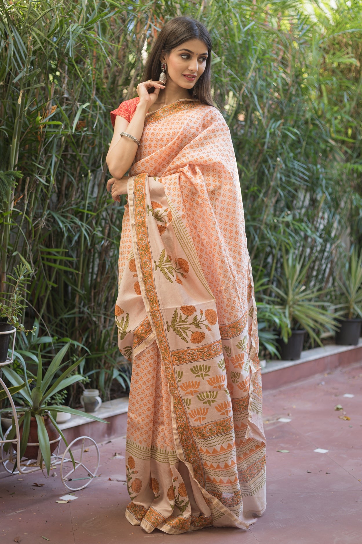 Walnut Cream and Orange Handblock Printed Chanderi Silk Saree (150NV1SACH)