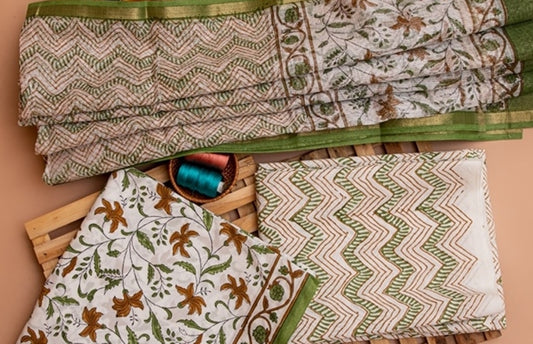 Super White and Green Handblock Printed Unstitched Cotton Suit Set With Kota Doriya Dupatta (155MH3CTKT)