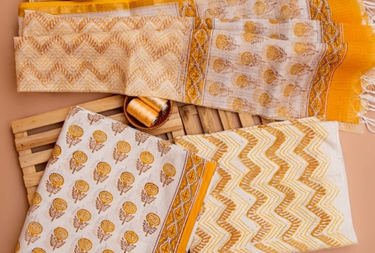 Ivory White and Canary Yellow Handblock Printed Unstitched Cotton Suit Set With Kota Doriya Dupatta (157MH3CTKT)