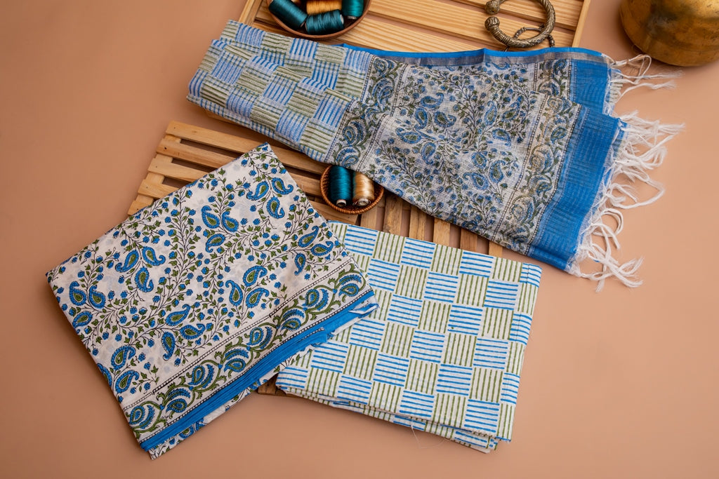 Jasmine White and Blue Handblock Printed Unstitched Cotton Suit Set With Kota Doriya Dupatta (158MH3CTKT)