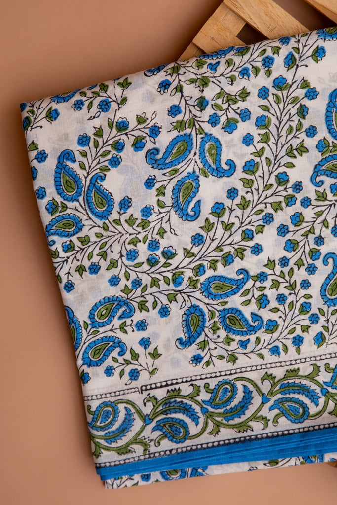 Jasmine White and Blue Handblock Printed Unstitched Cotton Suit Set With Kota Doriya Dupatta (158MH3CTKT)
