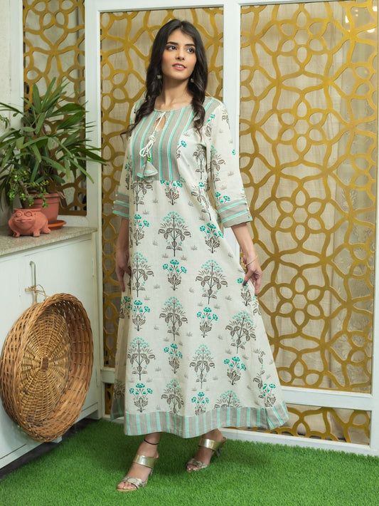 Women's Cotton Flex Printed Anarkali Kurta (Green & Grey) (159VDKSC35WHT)