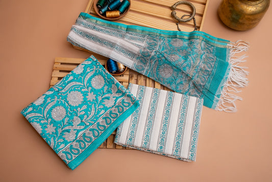 Turquoise and White Handblock Printed Unstitched Cotton Suit Set With Kota Doriya Dupatta (162MH3CTKT)