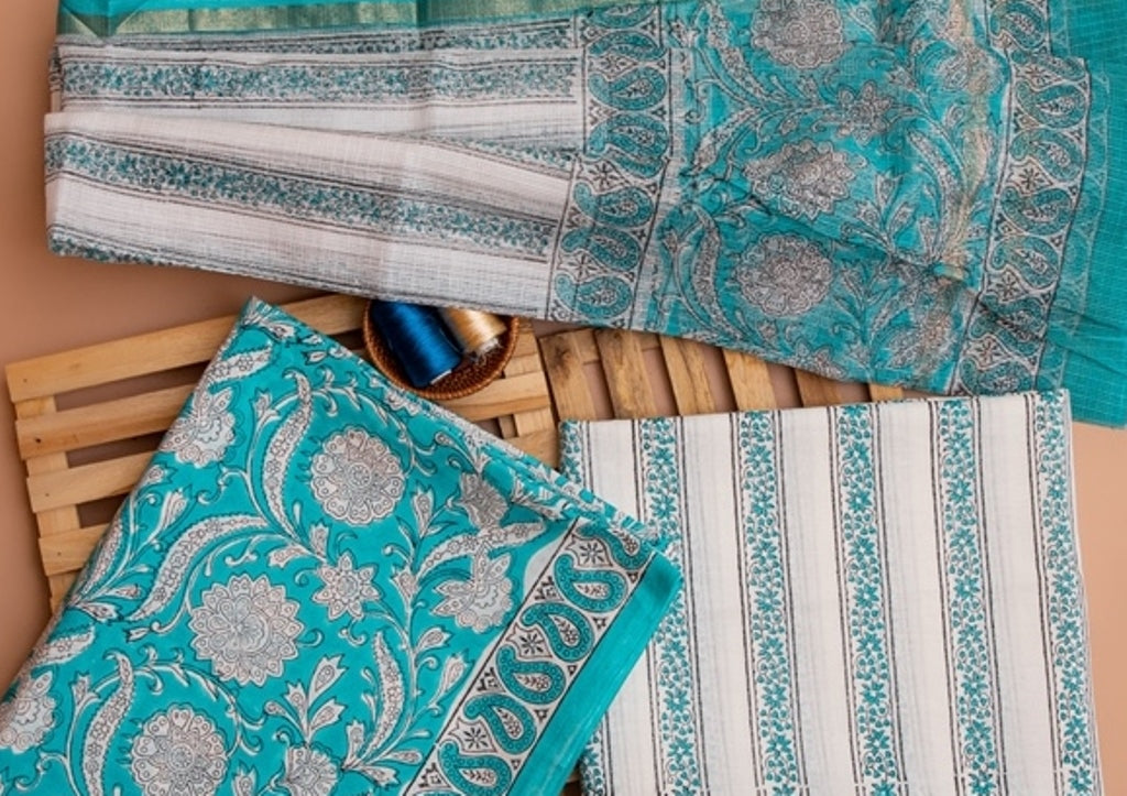 Turquoise and White Handblock Printed Unstitched Cotton Suit Set With Kota Doriya Dupatta (162MH3CTKT)
