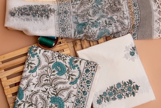 Jasmine White and Teal Blue- Grey Handblock Printed Unstitched Cotton Suit Set With Kota Doriya Dupatta (164MH3CTKT)