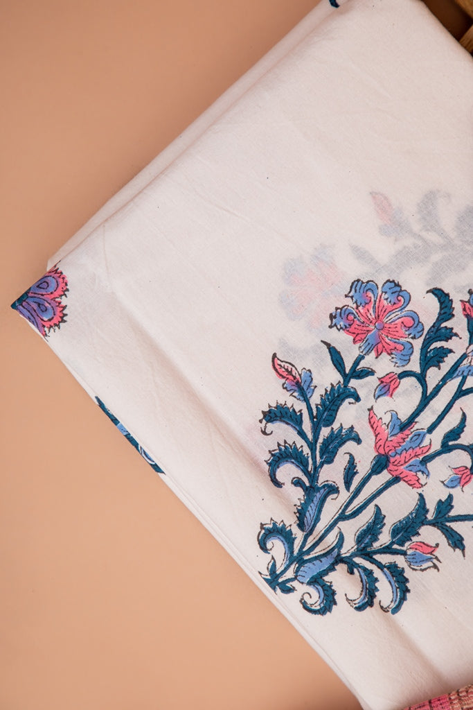 Neo Mauve and White- Amber Brown Handblock Printed Unstitched Cotton Suit Set With Kota Doriya Dupatta (165MH3CTKT)