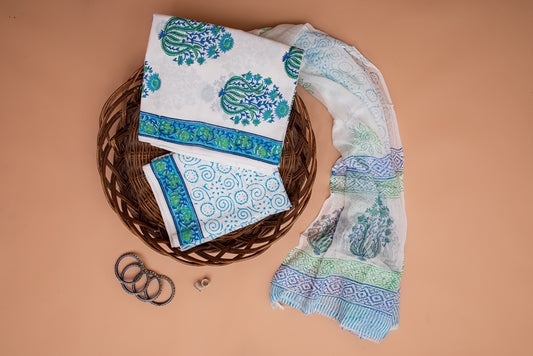 Forest White and Blue Handblock Printed Unstitched Cotton Suit Set With Chiffon Dupatta (166MH3CTCF)