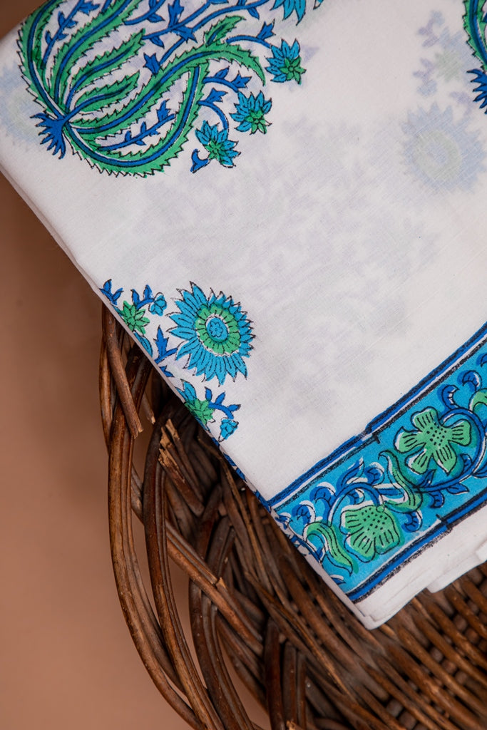 Forest White and Blue Handblock Printed Unstitched Cotton Suit Set With Chiffon Dupatta (166MH3CTCF)