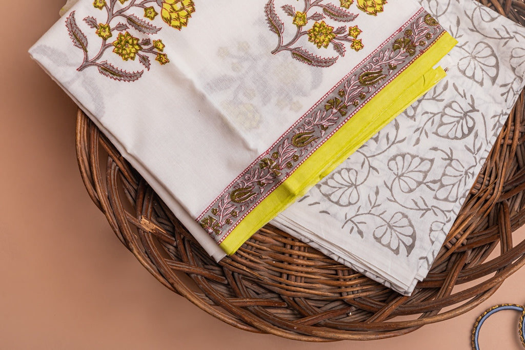 Ivory White and Lemon Yellow Handblock Printed Unstitched Cotton Suit Set With Chiffon Dupatta (167MH3CTCF)