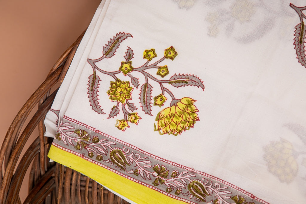 Ivory White and Lemon Yellow Handblock Printed Unstitched Cotton Suit Set With Chiffon Dupatta (167MH3CTCF)