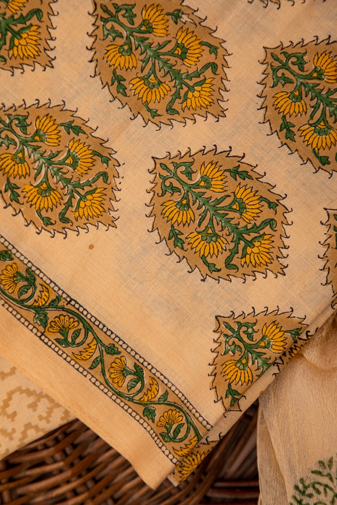 Bisque Beige and Yellow Handblock Printed Unstitched Cotton Suit Set With Chiffon Dupatta (168MH3CTCF)