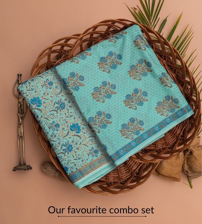 Tiffany & Blue Cotton Fabric In Gold Imprint - price per meter (217DG1RFCT)
