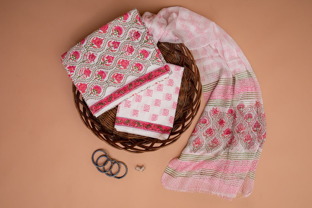 Jasmine White and Pink Handblock Printed Unstitched Cotton Suit Set With Chiffon Dupatta (170MH3CTCF)