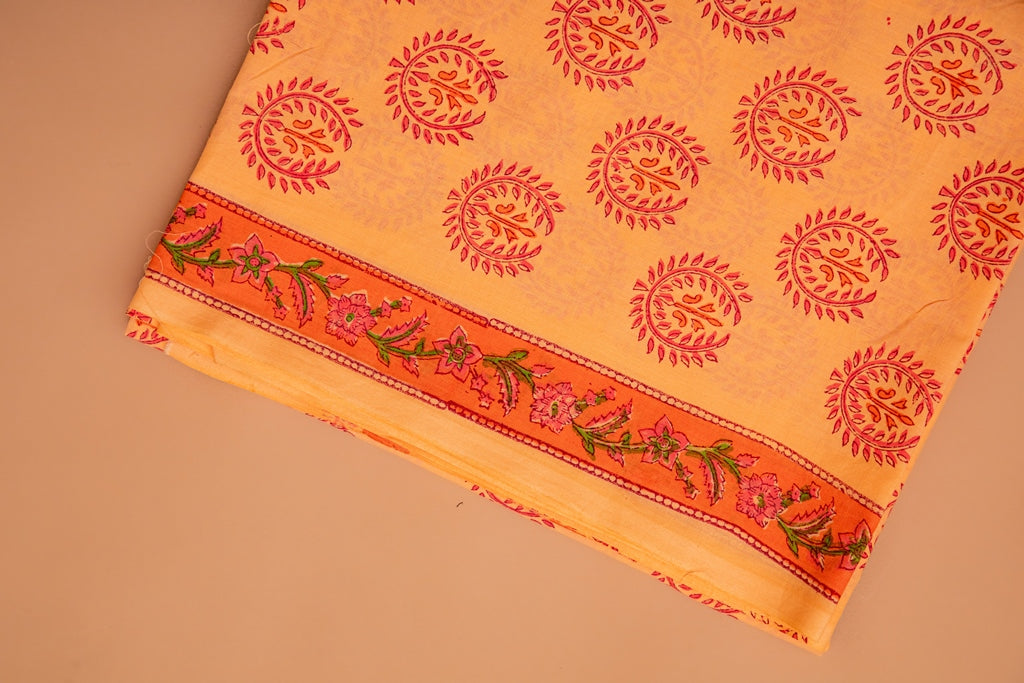 Sunrise Orange and Coral Handblock Printed Unstitched Cotton Suit Set With Mulmul Dupatta (171MH3CTML)