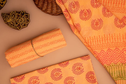 Sunrise Orange and Coral Handblock Printed Unstitched Cotton Suit Set With Mulmul Dupatta (171MH3CTML)