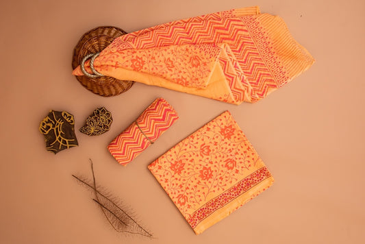 Candlelight Orange and Salmon Peach Handblock Printed Unstitched Cotton Suit Set With Mulmul Dupatta (172MH3CTML)