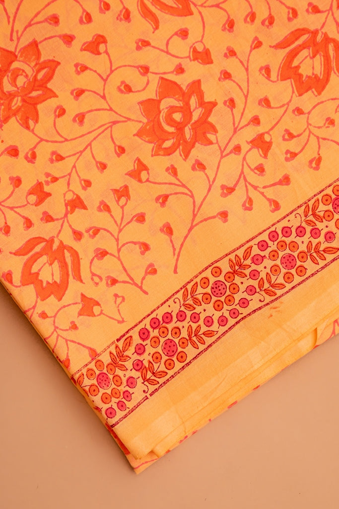 Candlelight Orange and Salmon Peach Handblock Printed Unstitched Cotton Suit Set With Mulmul Dupatta (172MH3CTML)
