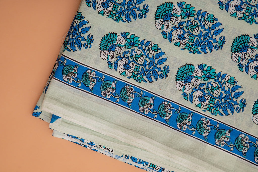 Aqua Blue- Green and White Handblock Printed Unstitched Cotton Suit Set With Mulmul Dupatta (173MH3CTML)