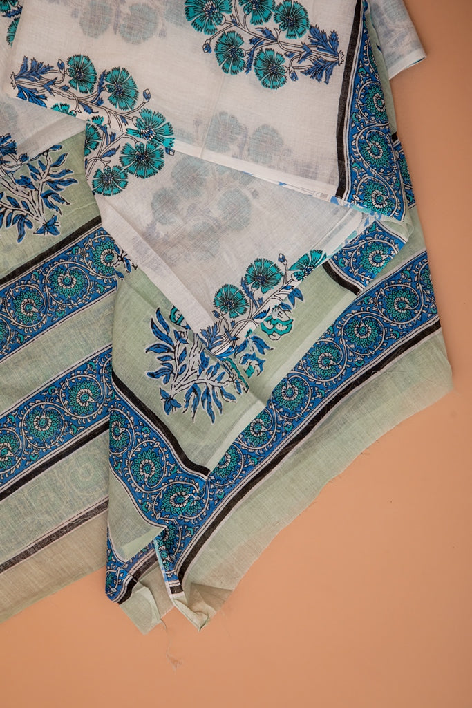 Aqua Blue- Green and White Handblock Printed Unstitched Cotton Suit Set With Mulmul Dupatta (173MH3CTML)