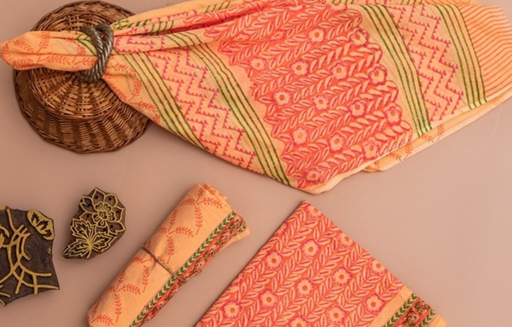 Papaya Orange and Peach Handblock Printed Unstitched Cotton Suit Set With Mulmul Dupatta (175MH3CTML)