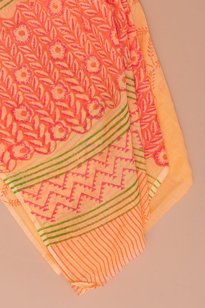 Papaya Orange and Peach Handblock Printed Unstitched Cotton Suit Set With Mulmul Dupatta (175MH3CTML)