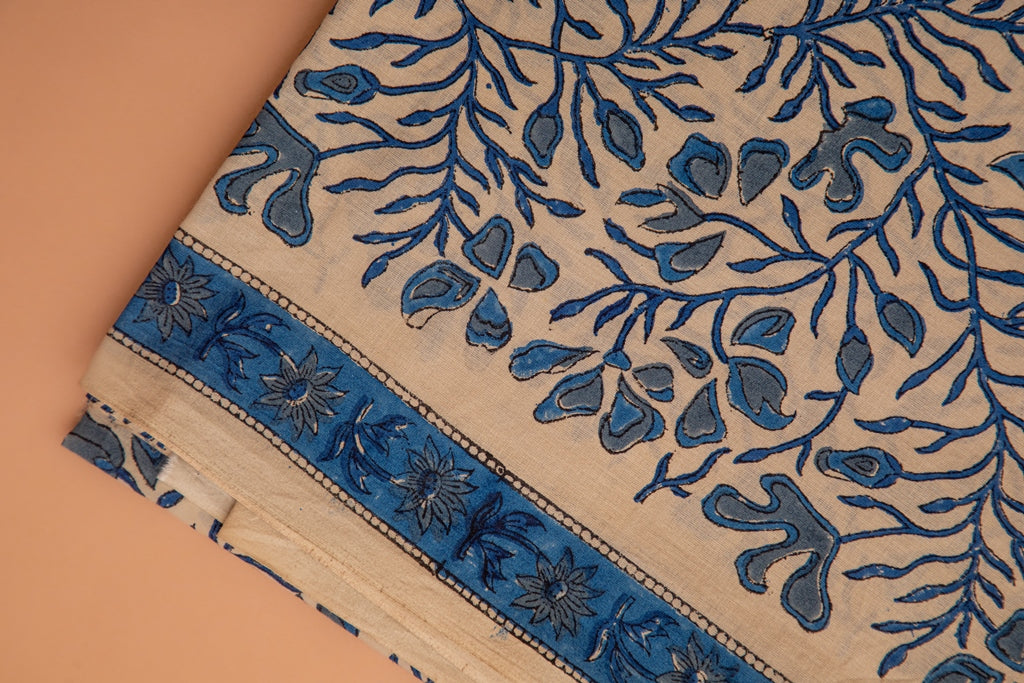 Liveable Green and Capri Blue Handblock Bagru Printed Unstitched Cotton Suit Set With Mulmul Dupatta (176MH3CTML)
