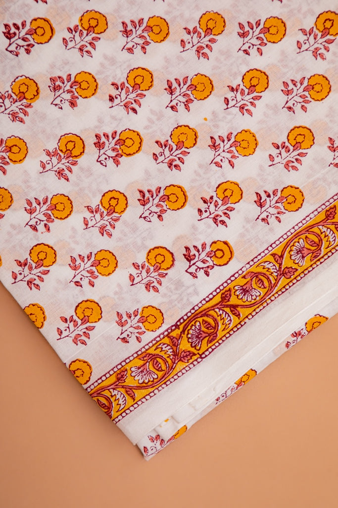 Jasmine White and Yellow Handblock Printed Unstitched Cotton Suit Set With Mulmul Dupatta (177MH3CTML)