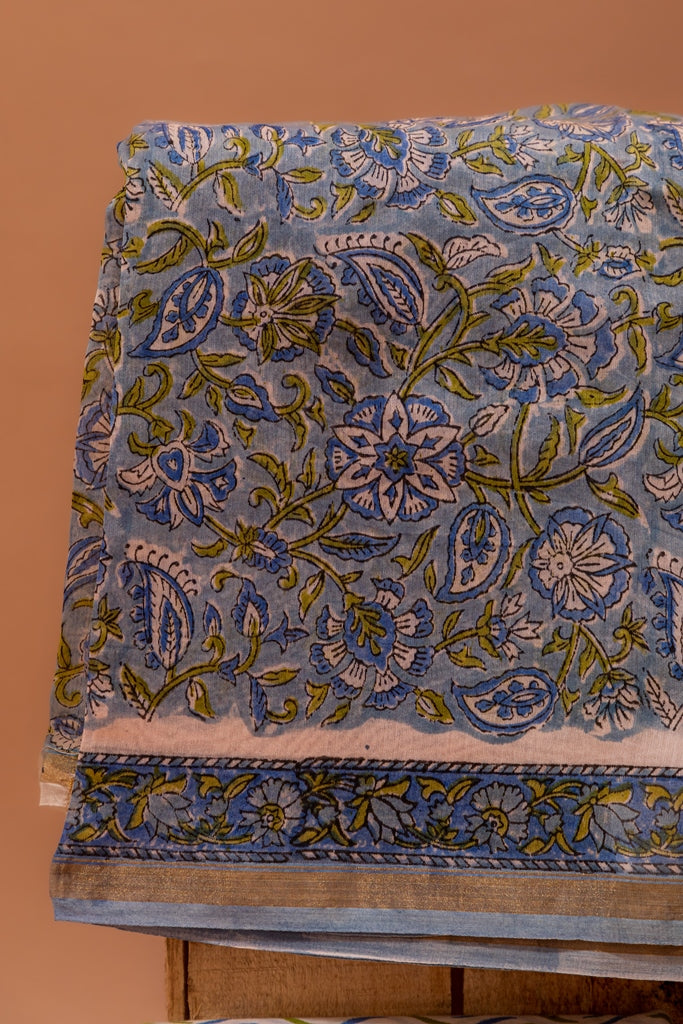 Carolina Blue and White Handblock Printed Chanderi Silk Unstitched Suit Set (179MH3CHCH)
