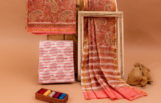 Rose Pink and White Handblock Printed Chanderi Silk Unstitched Suit Set (182MH3CHCH)
