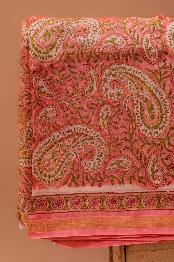 Rose Pink and White Handblock Printed Chanderi Silk Unstitched Suit Set (182MH3CHCH)