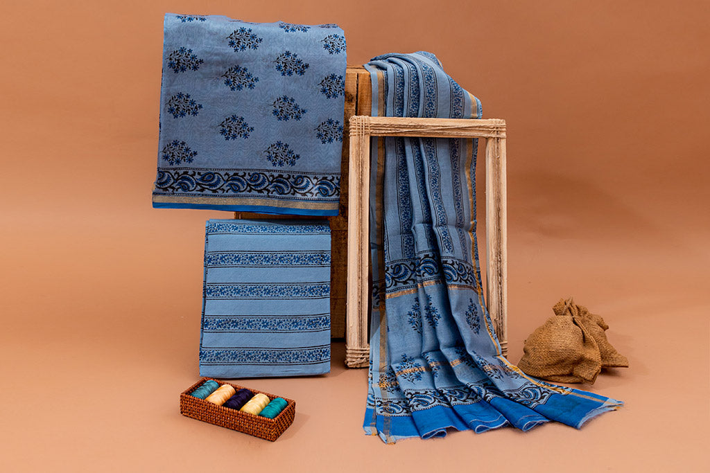 Sky Blue Handblock Printed Chanderi Silk Unstitched Suit Set (183MH3CHCH)