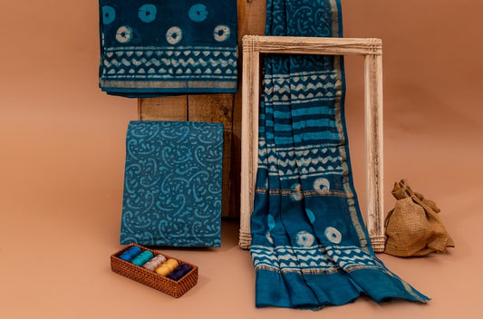 Tropical Blue and White Handblock Dabu Printed Chanderi Silk Unstitched Suit Set (186MH3CHCH)