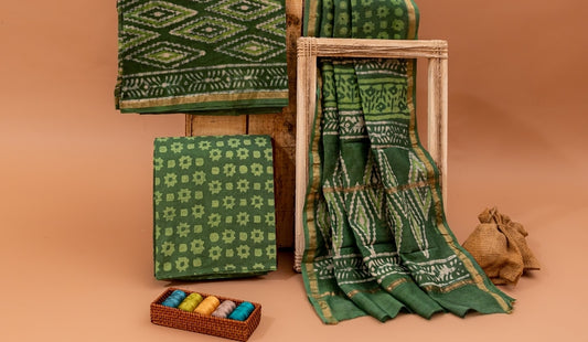 Pine Green and White Handblock Dabu Printed Chanderi Silk Unstitched Suit Set (187MH3CHCH)