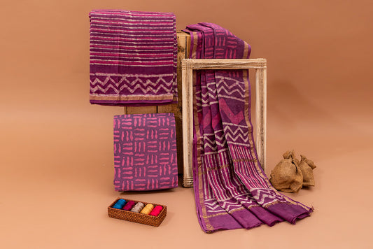Grape Purple and Pink Handblock Dabu Printed Chanderi Silk Unstitched Suit Set (188MH3CHCH)