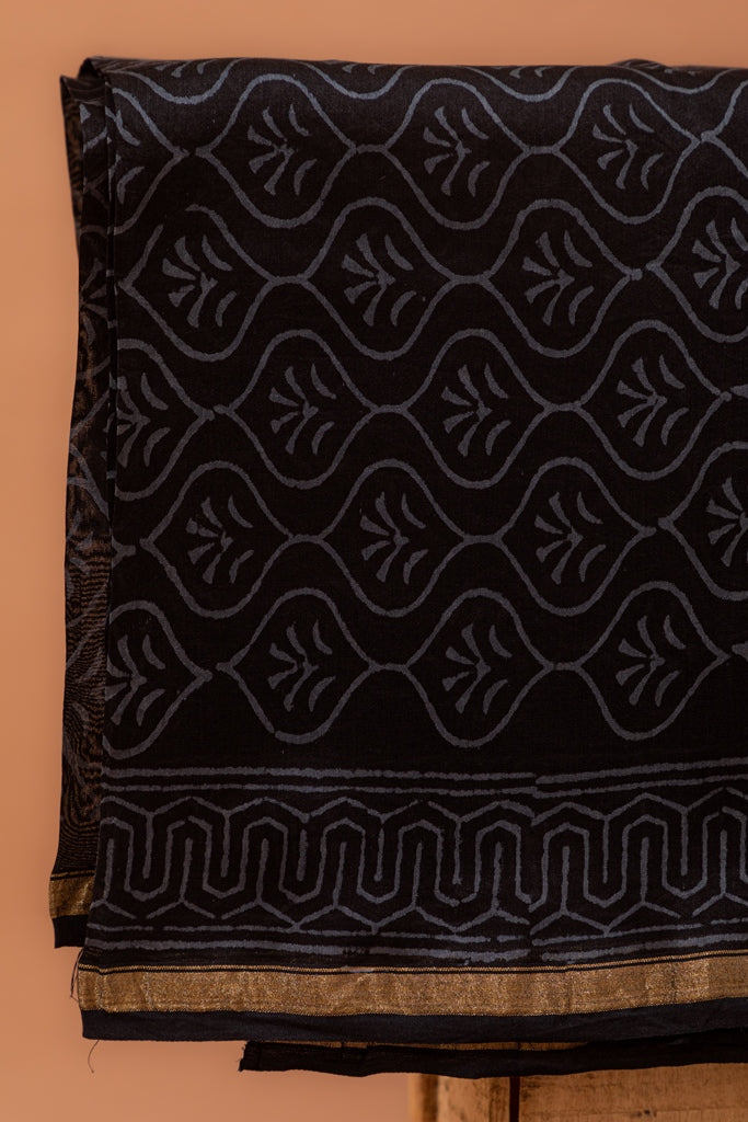 Tricorn Black and Grey Handblock Printed Chanderi Silk Unstitched Suit Set (190MH3CHCH)