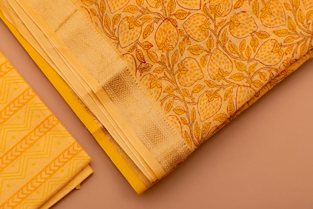 Canary Yellow Handblock Printed Maheshwari Unstitched Suit Set (192MH3MSMS)