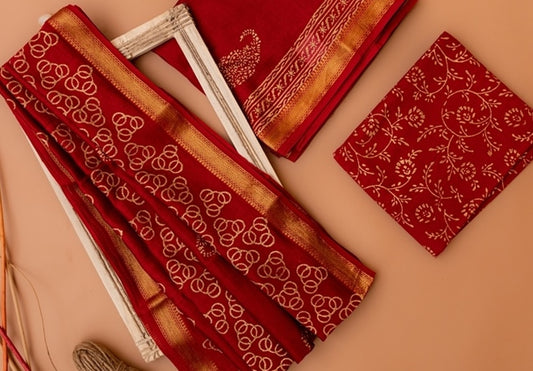 Carmine Red and Gold Handblock Printed Maheshwari Unstitched Suit Set (193MH3MSMS)