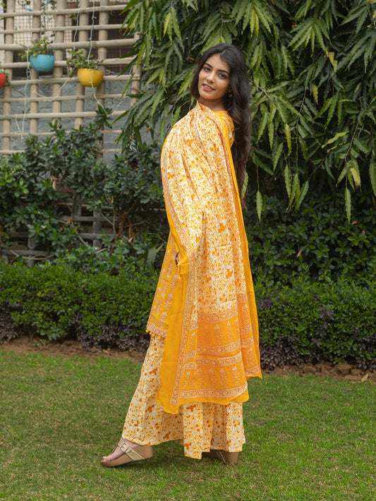 Women's Cotton Cambric Floral Printed Straight Kurta Sharara & Dupatta Set (Yellow) (198VDKPZD3774YEL)