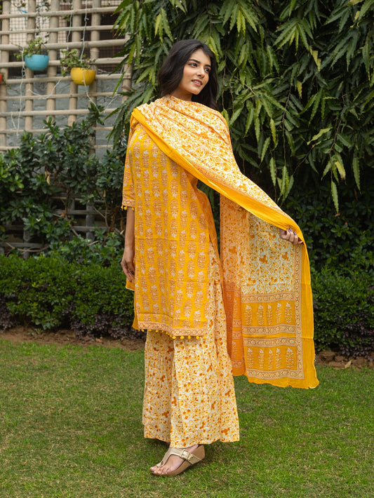 Women's Cotton Cambric Floral Printed Straight Kurta Sharara & Dupatta Set (Yellow) (198VDKPZD3774YEL)